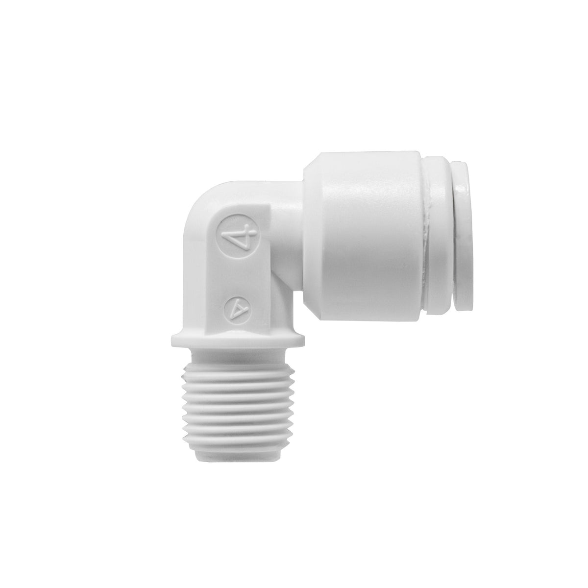 White 1/4 inch OD quick connect x 1/8 inch male thread elbow