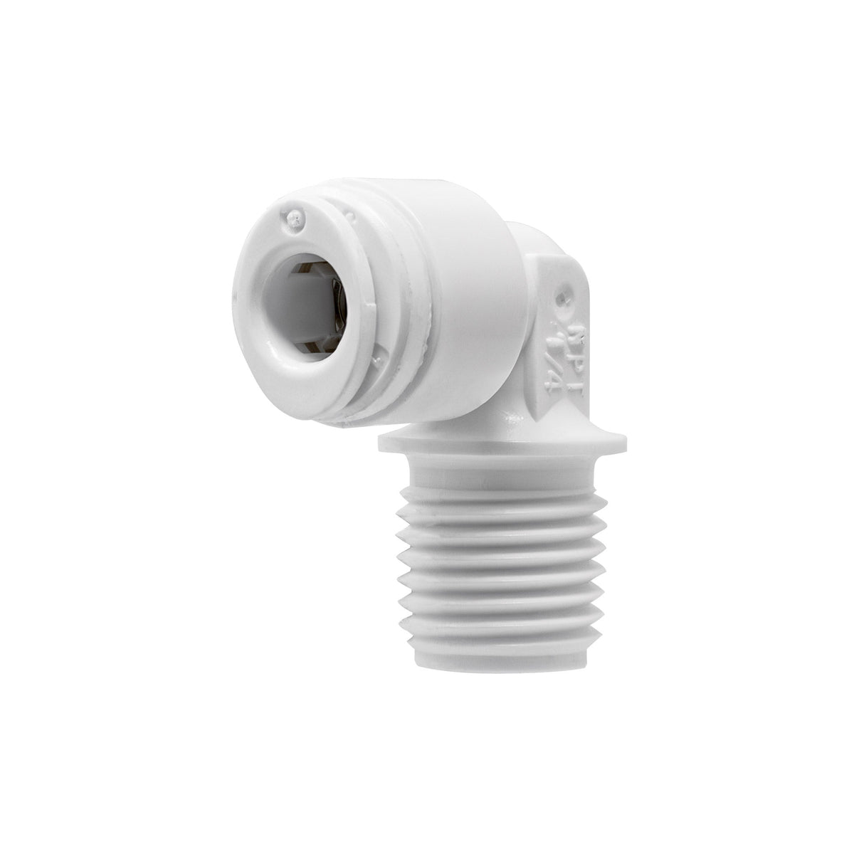 White 1/4 inch OD quick connect x 1/4 inch male thread elbow