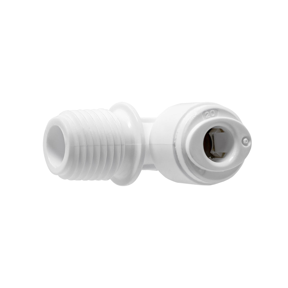 White 1/4 inch OD quick connect x 1/4 inch male thread elbow