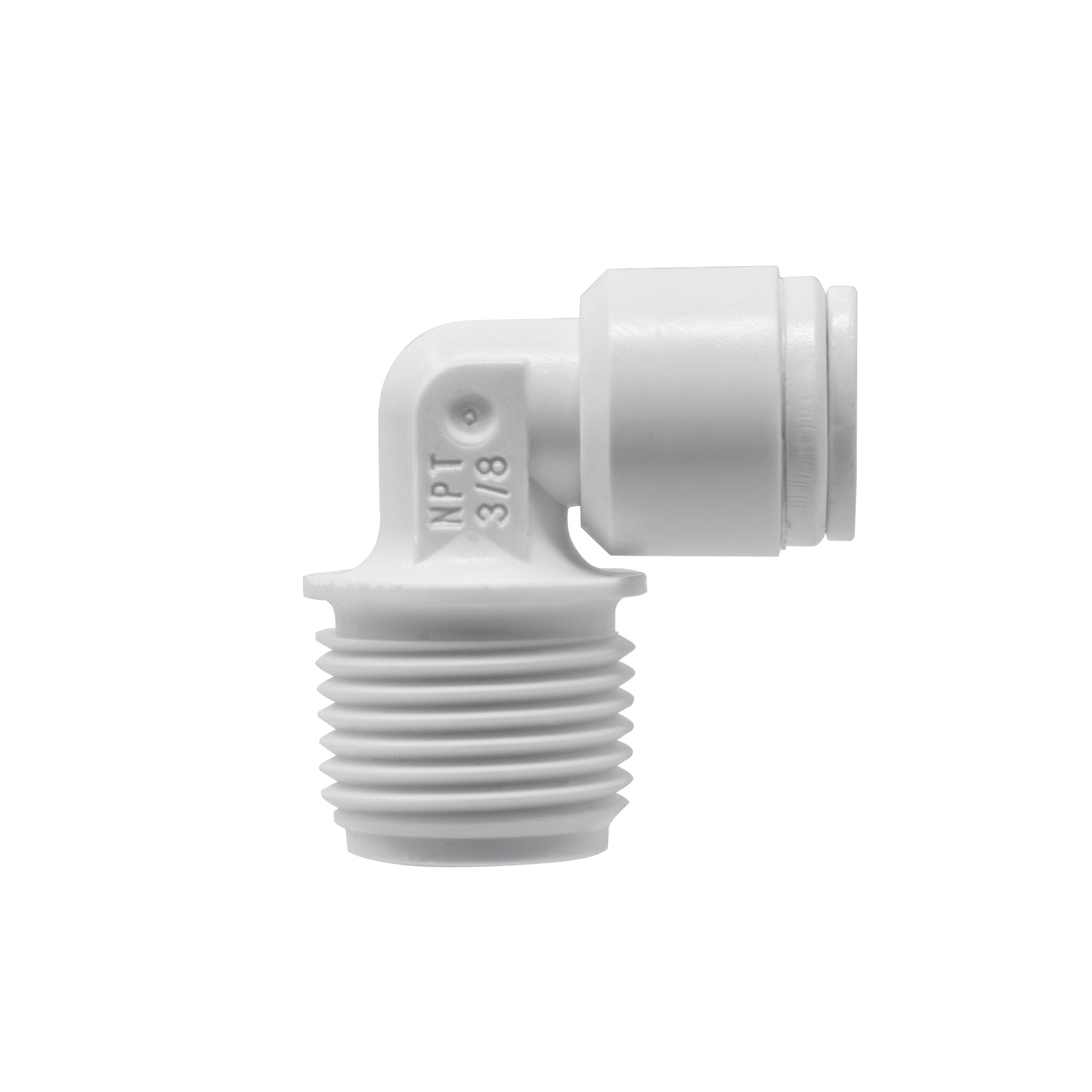 Quick Connect Male Elbow. 1/4" Quick Connect x 3/8" Male Thread. Certified by NSF.