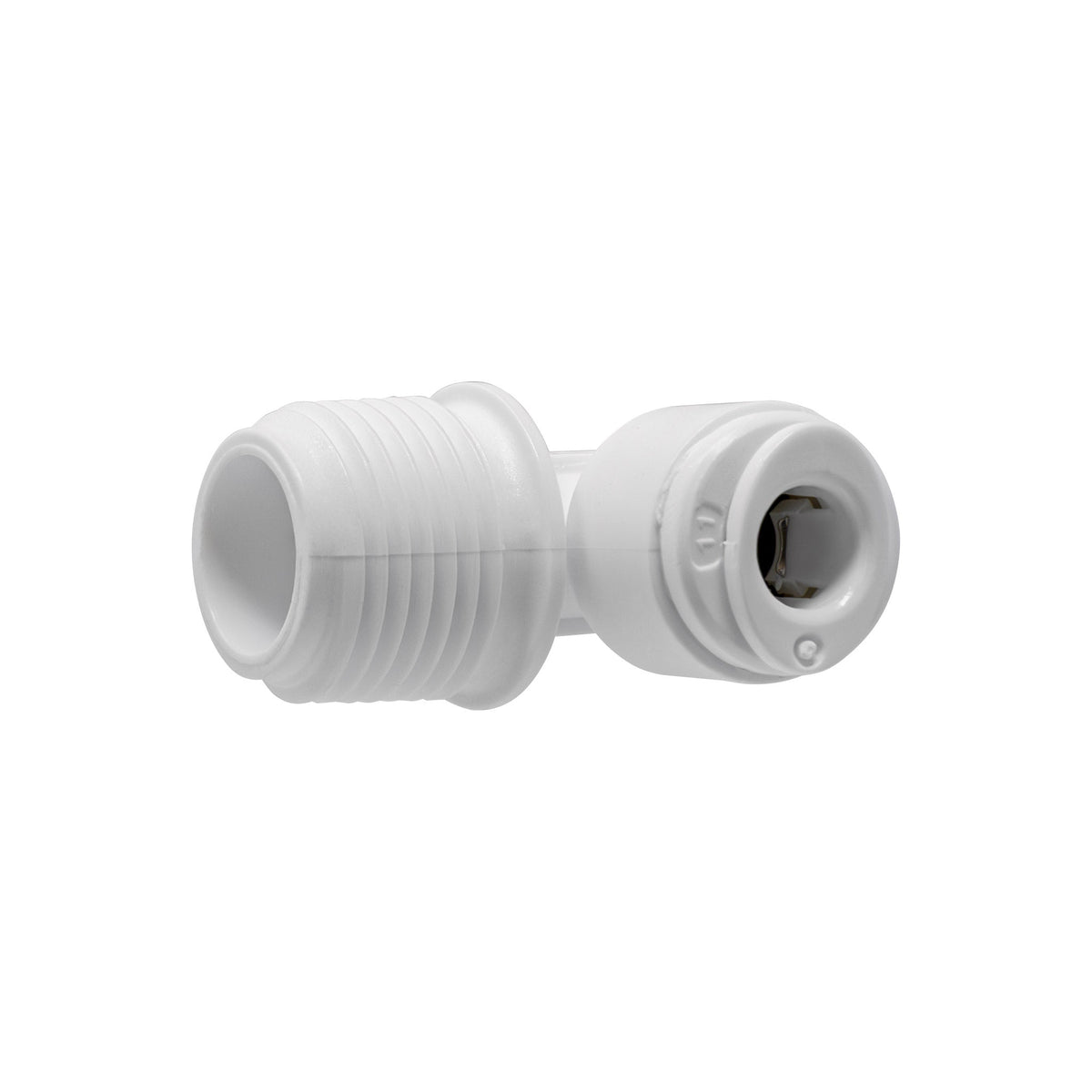 White 1/4 inch OD quick connect x 3/8 inch male thread elbow
