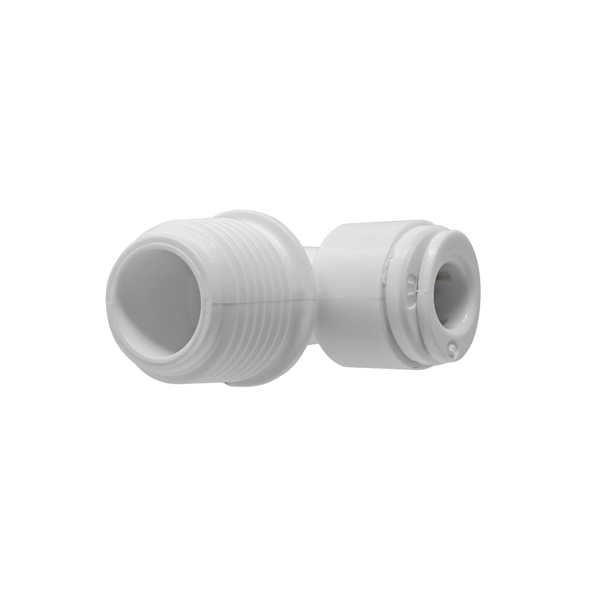 White 1/4 inch OD quick connect x 3/8 inch male thread elbow