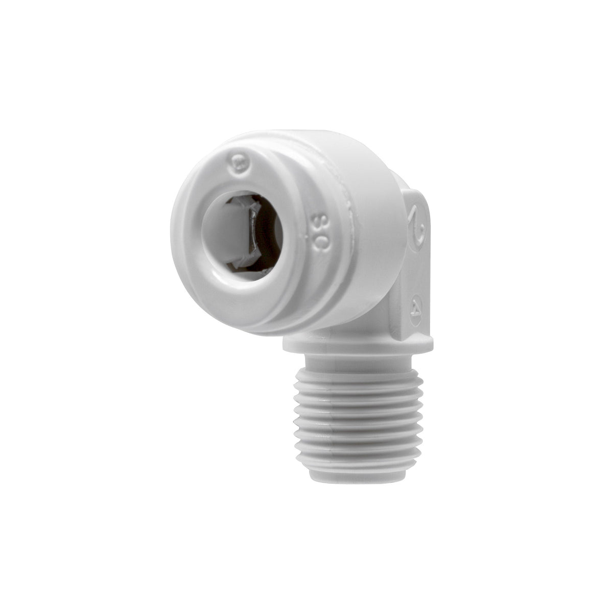 White 1/4 inch OD quick connect x 1/8 inch male thread elbow with check valve