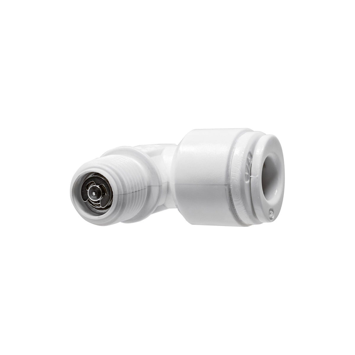 White 1/4 inch OD quick connect x 1/8 inch male thread elbow with check valve
