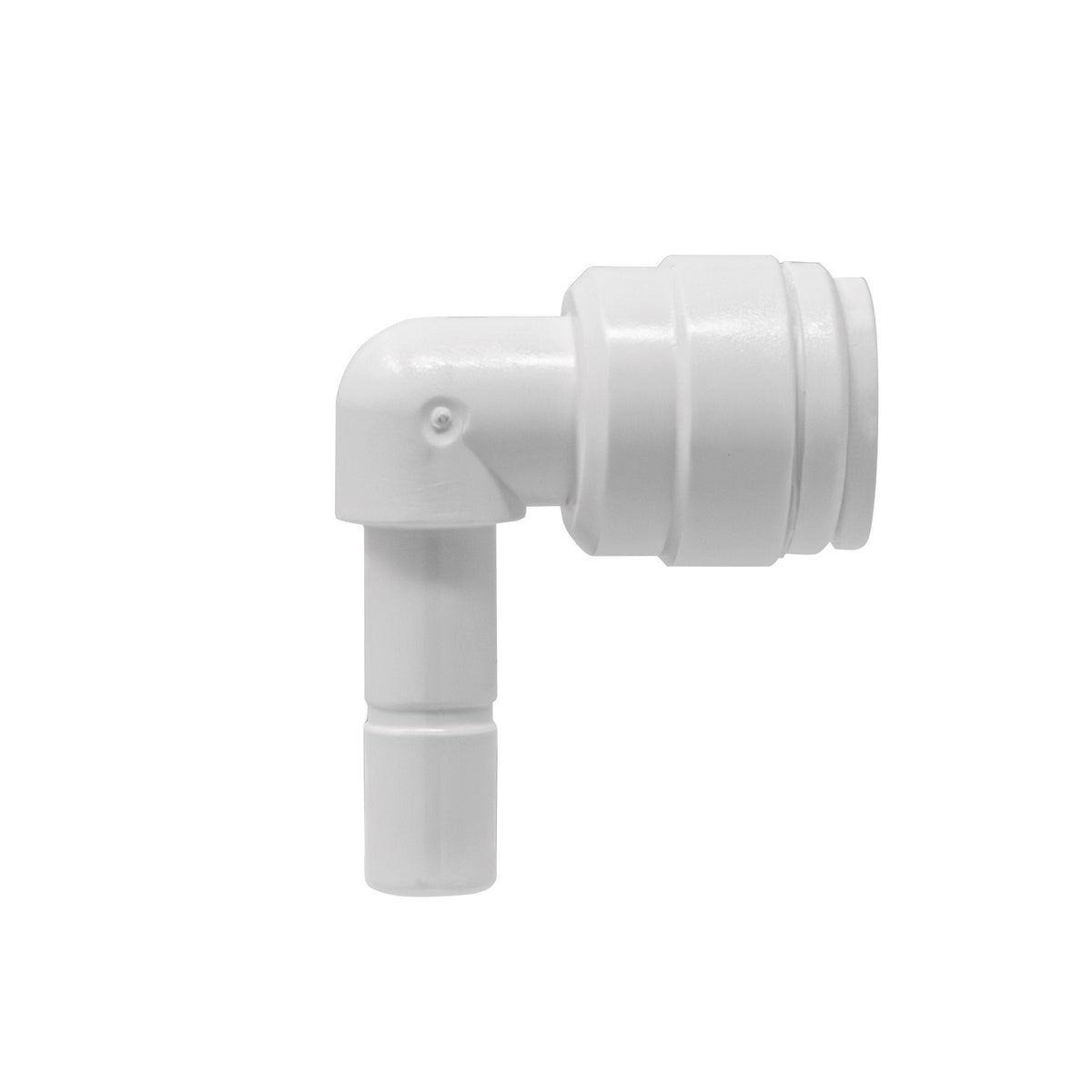 White 1/4 inch OD quick connect x 1/4 inch stem elbow fitting