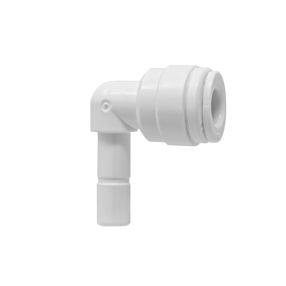 White 1/4 inch OD quick connect x 1/4 inch stem elbow fitting