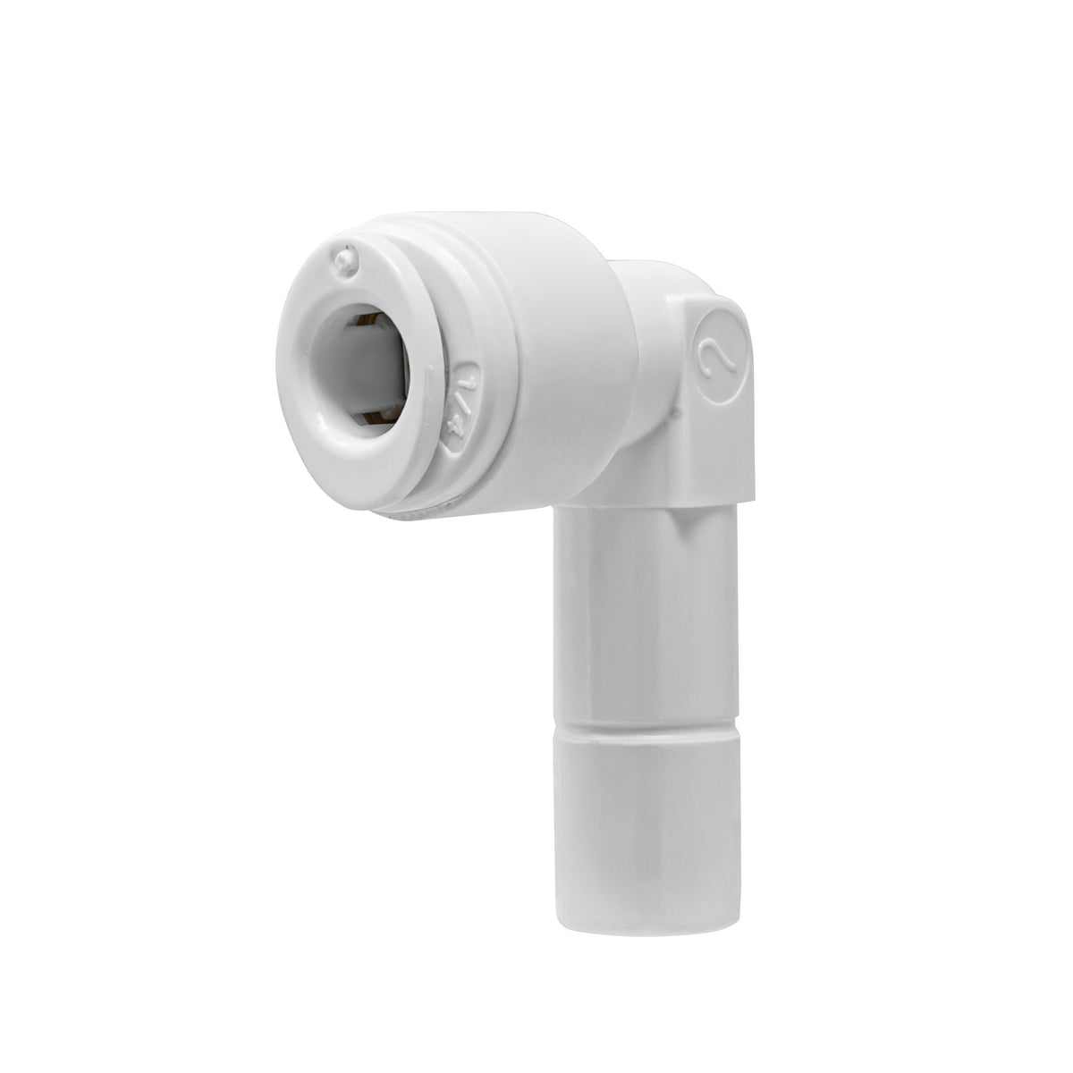 White 1/4 inch OD quick connect x 3/8 inch stem elbow fitting