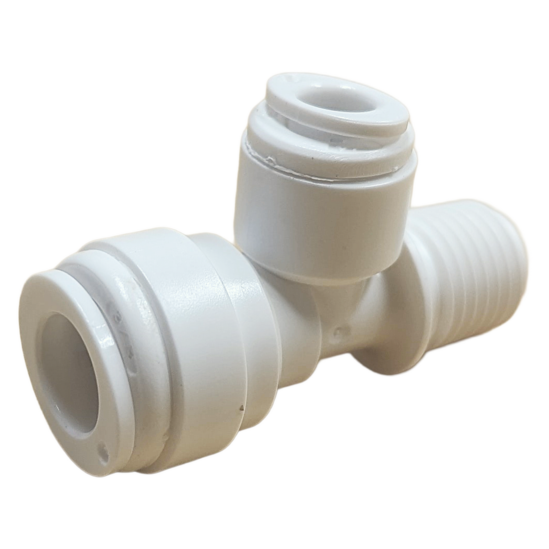 Quick connect male run tee. 3/8" quick connect x 1/4" male thread x 1/4" quick connect . Certified by NSF.