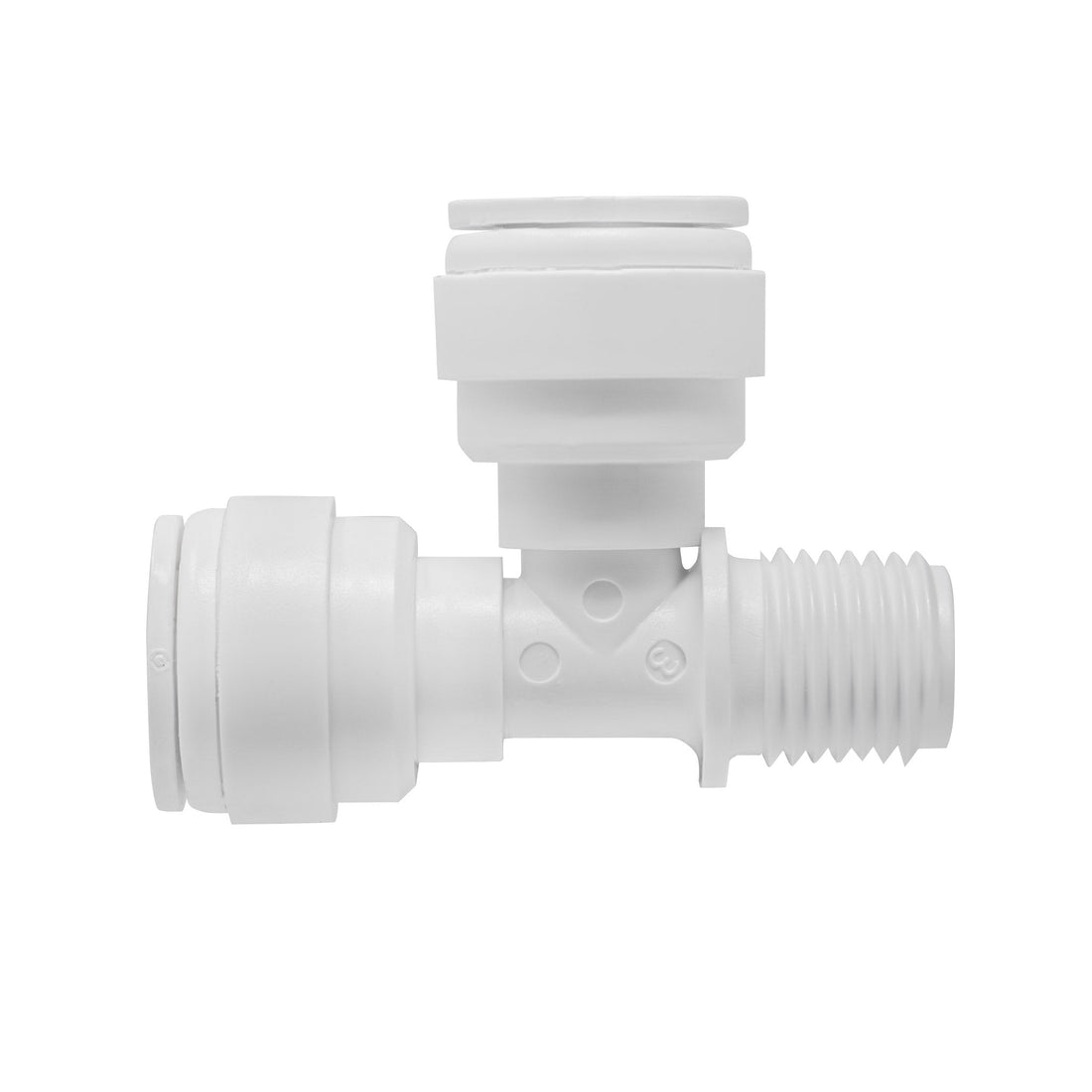 Quick connect male run tee. 3/8" quick connect x 1/4" male thread x 3/8" quick connect . Certified by NSF.
