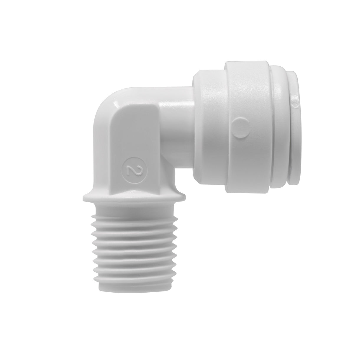 White 3/8 inch OD quick connect x 1/4 inch male thread elbow