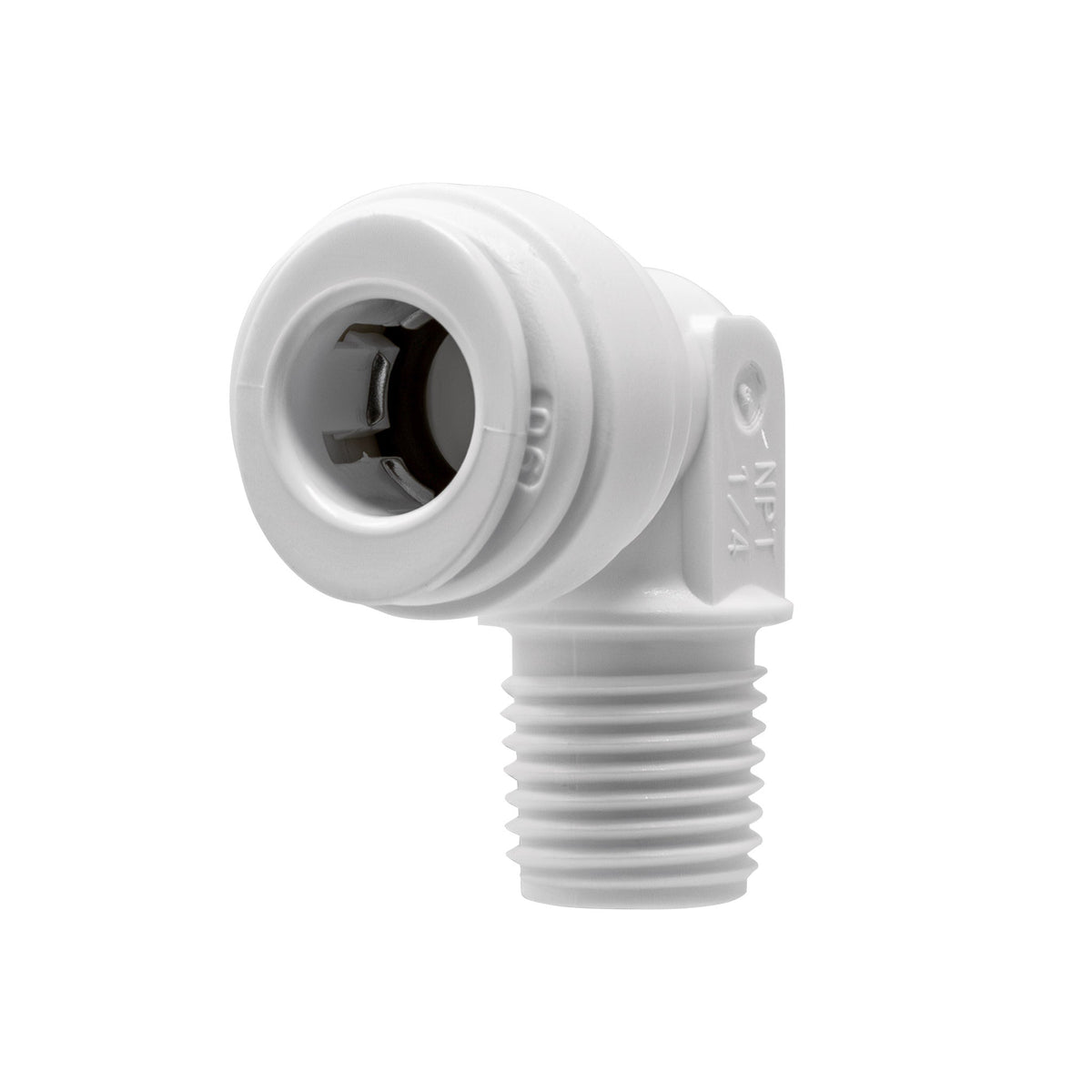 White 3/8 inch OD quick connect x 1/4 inch male thread elbow