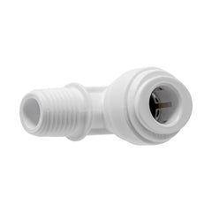 White 3/8 inch OD quick connect x 1/4 inch male thread elbow