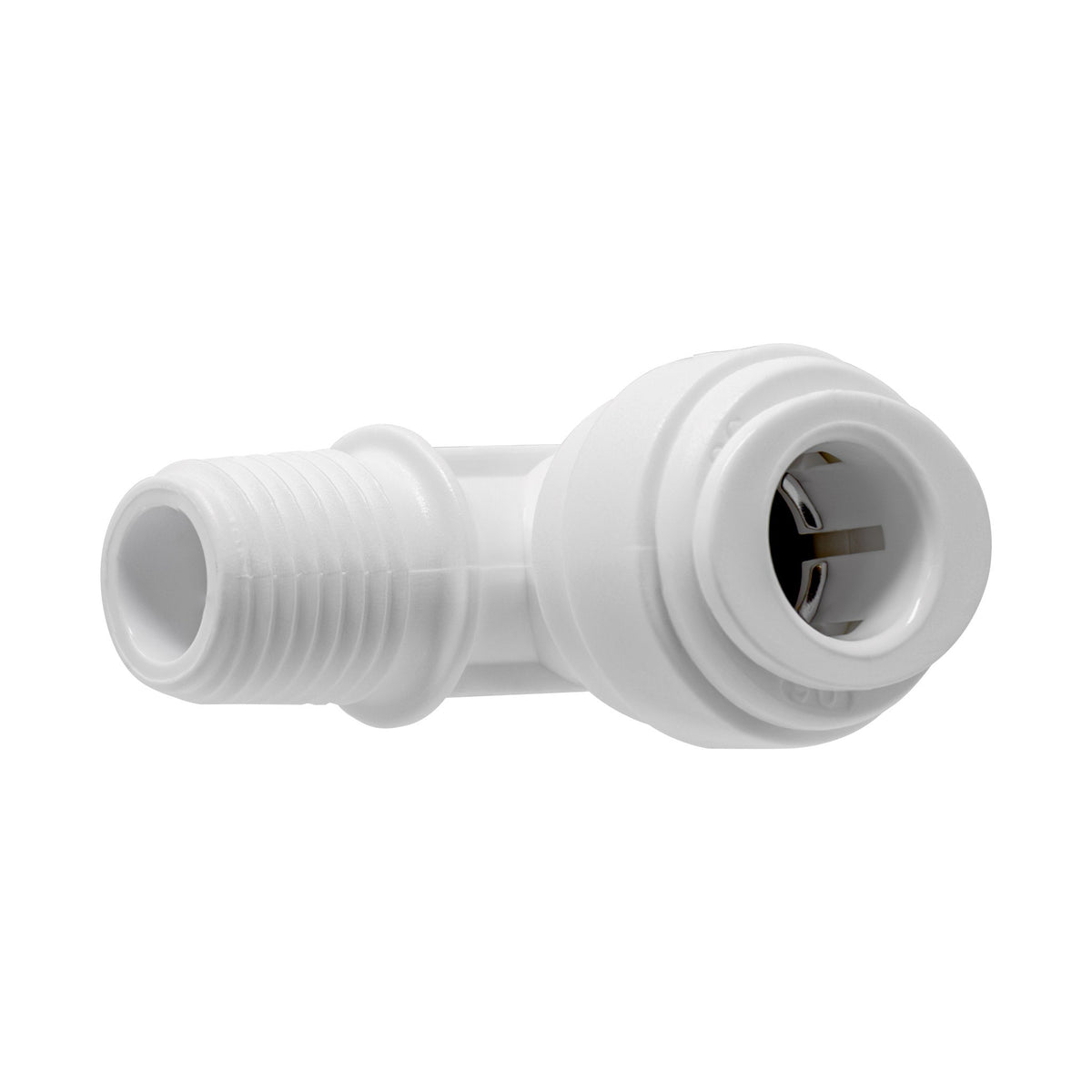 White 3/8 inch OD quick connect x 1/4 inch male thread elbow