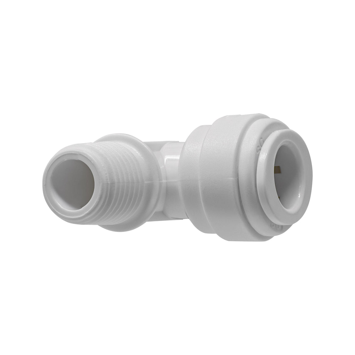 White 3/8 inch OD quick connect x 1/4 inch male thread elbow