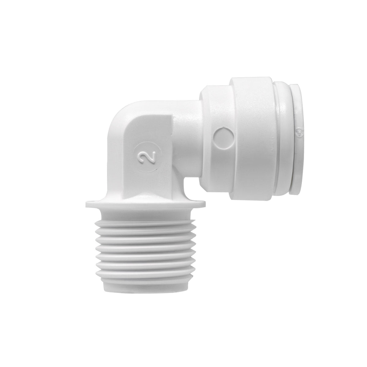 White 3/8 inch OD quick connect x 3/8 inch male thread elbow