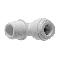 White 3/8 inch OD quick connect x 3/8 inch male thread elbow