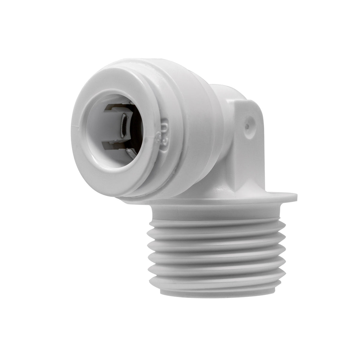White 3/8 inch OD quick connect x 1/2 inch male thread elbow