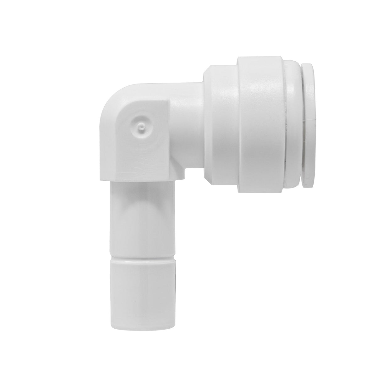 White 3/8 inch OD quick connect x 3/8 inch stem elbow fitting