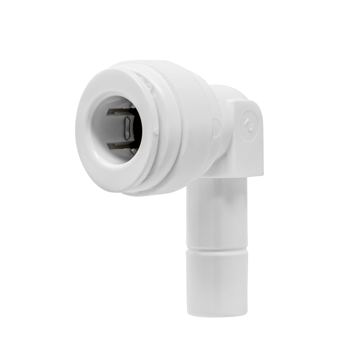 White 3/8 inch OD quick connect x 3/8 inch stem elbow fitting