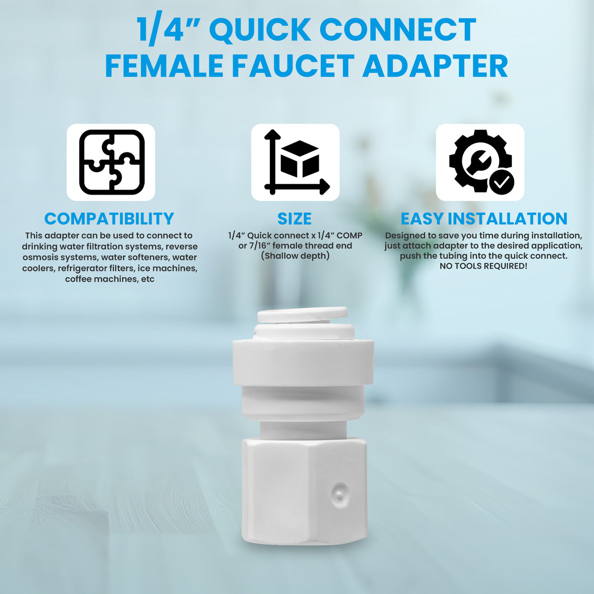 White 1/4 inch OD quick connect x 7/16 inch female faucet adapter fitting