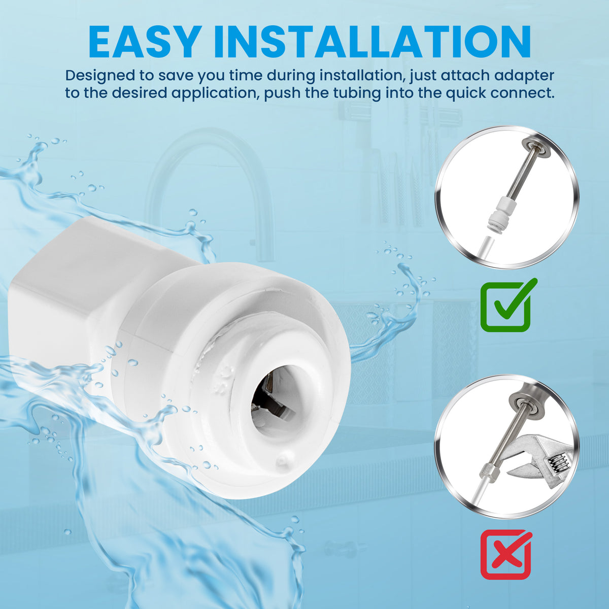 White 1/4 inch OD quick connect x 7/16 inch female faucet adapter fitting