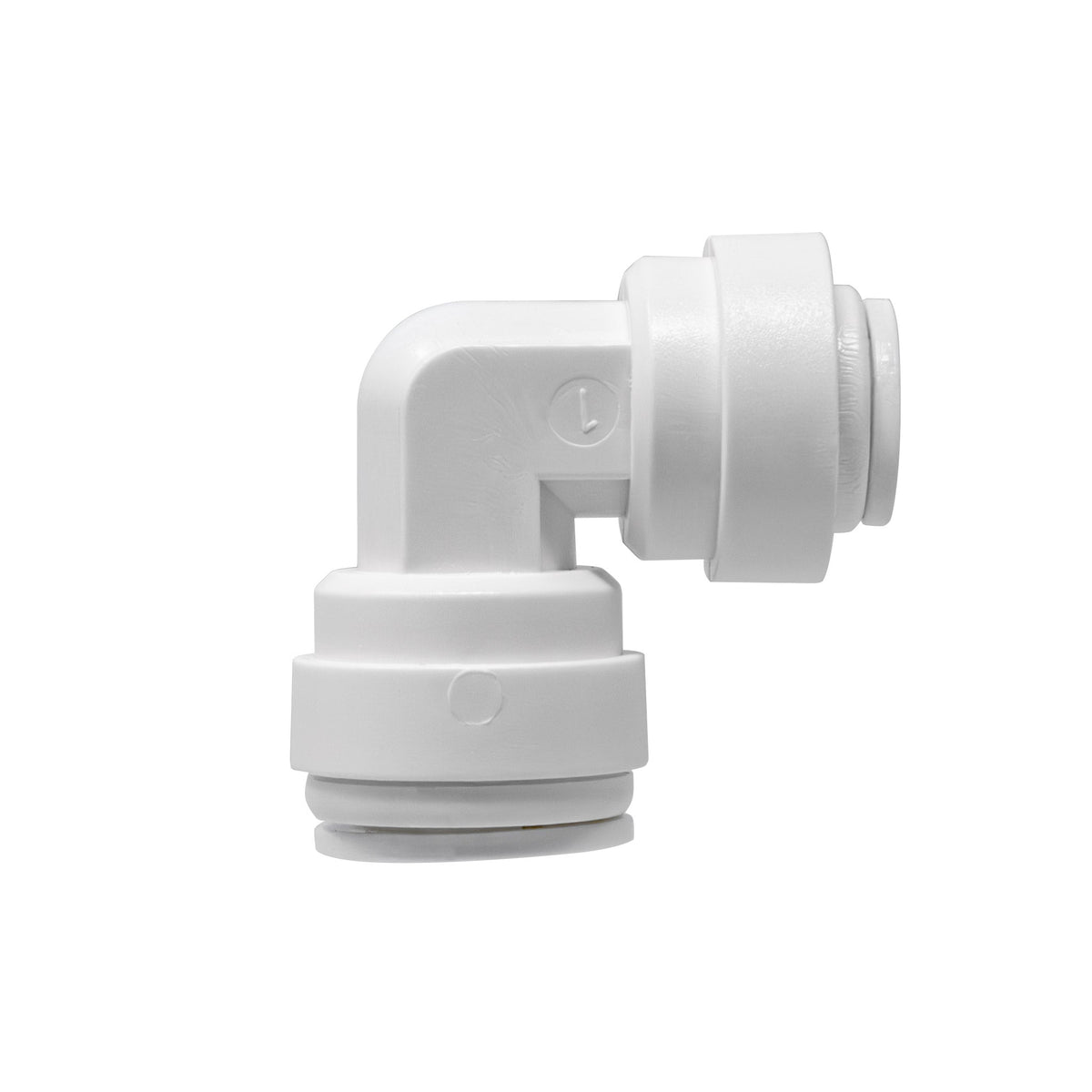 White 1/4 inch OD x 3/8 inch OD quick connect reducing union elbow
