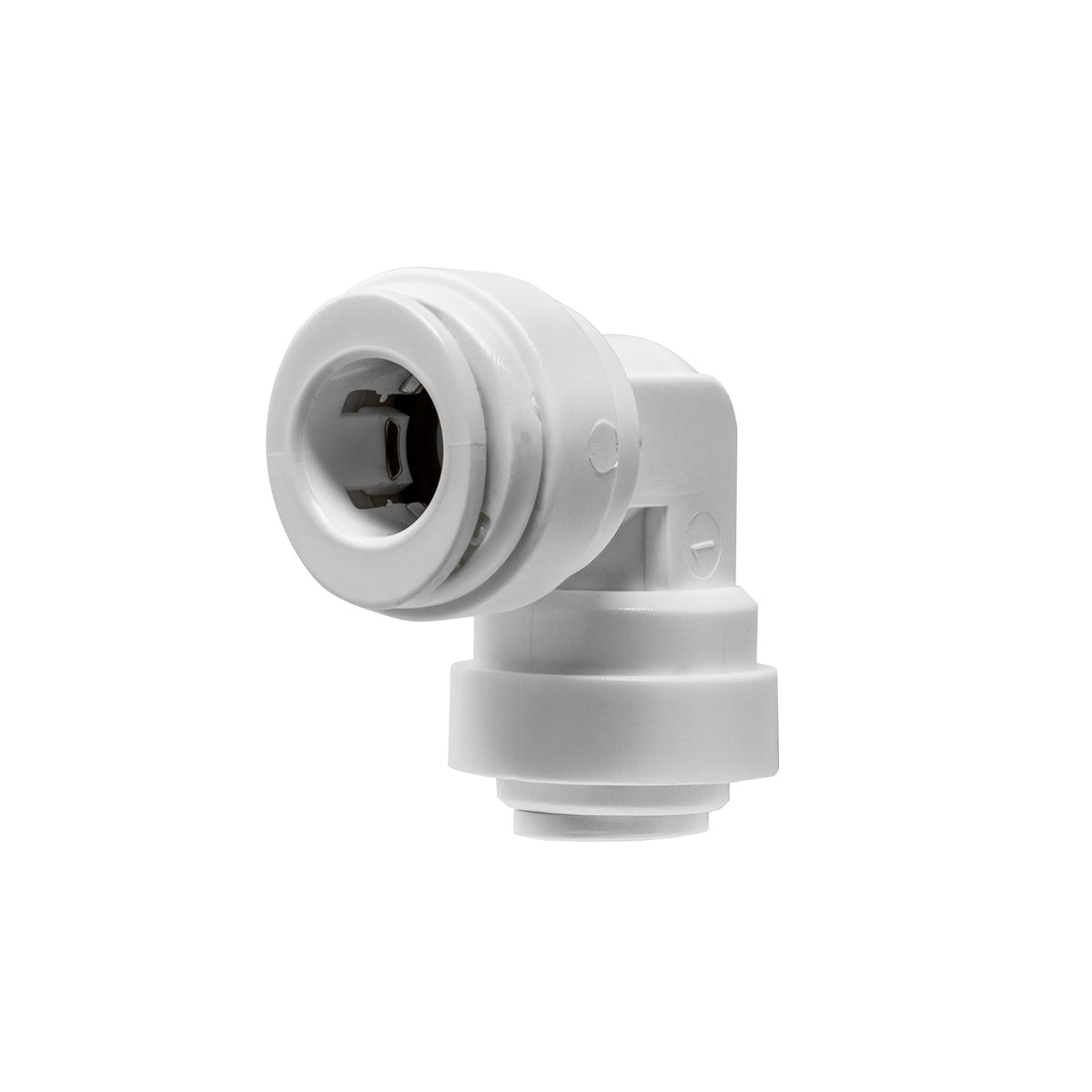 White 1/4 inch OD x 3/8 inch OD quick connect reducing union elbow