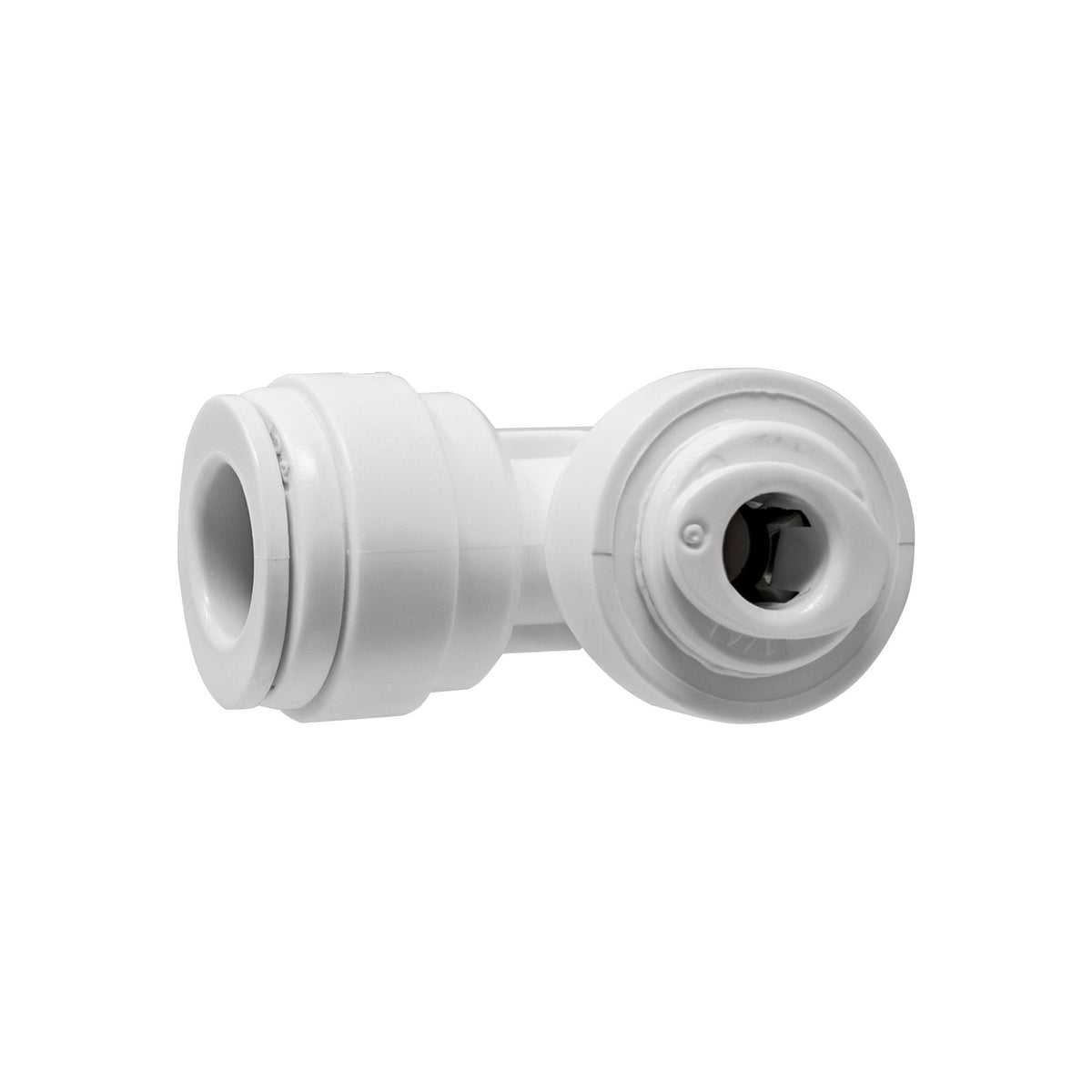 White 1/4 inch OD x 3/8 inch OD quick connect reducing union elbow