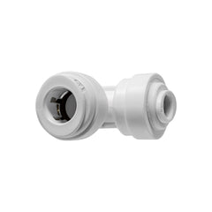 White 1/4 inch OD x 3/8 inch OD quick connect reducing union elbow