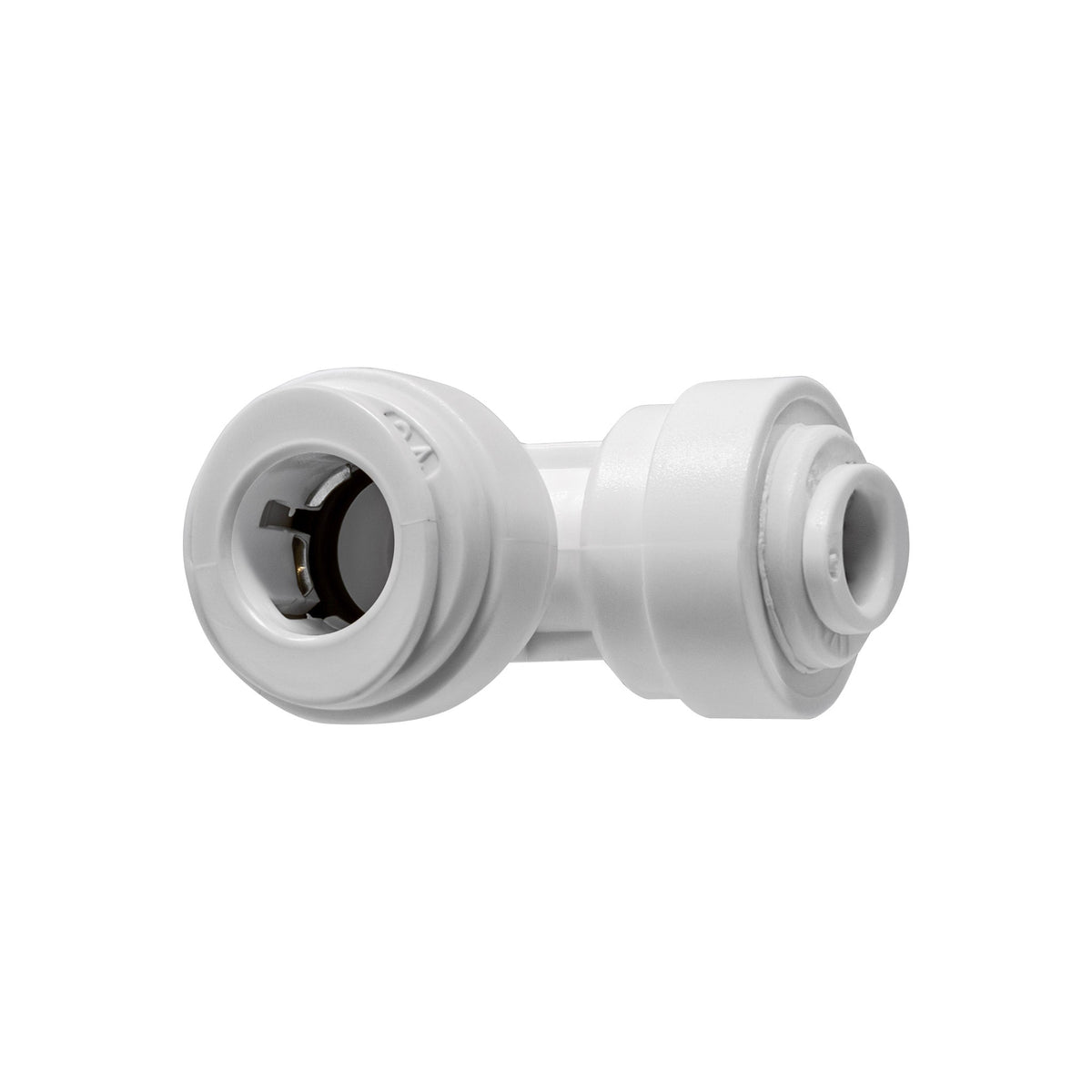 White 1/4 inch OD x 3/8 inch OD quick connect reducing union elbow