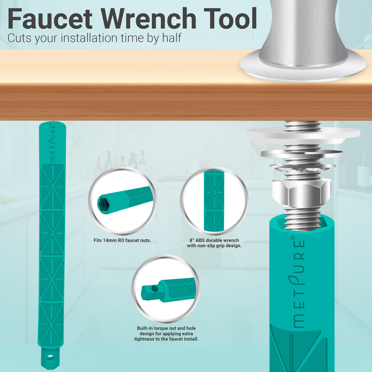 Metpure long reach non-air gap reverse osmosis faucet kit with faucet wrench and adapters