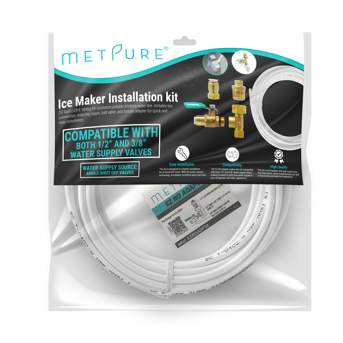 Metpure 3/8 inch OD ice maker and refrigerator water line kit with 25 ft tubing, brass adapter tee and shut-off valve