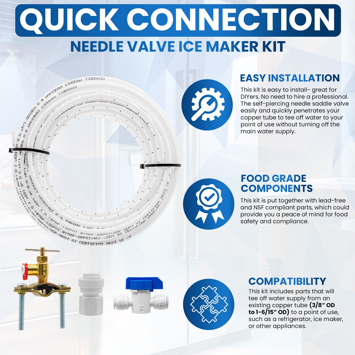 Metpure fridge water line kit with self-piercing saddle valve, inline ball valve, adapter and 25 ft tubing