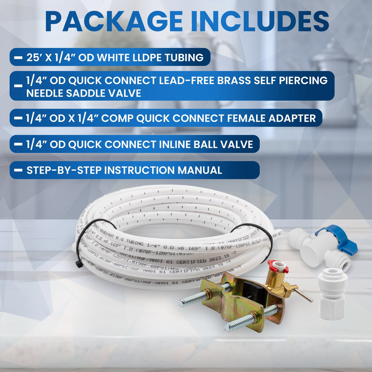 Metpure fridge water line kit with self-piercing saddle valve, inline ball valve, adapter and 25 ft tubing