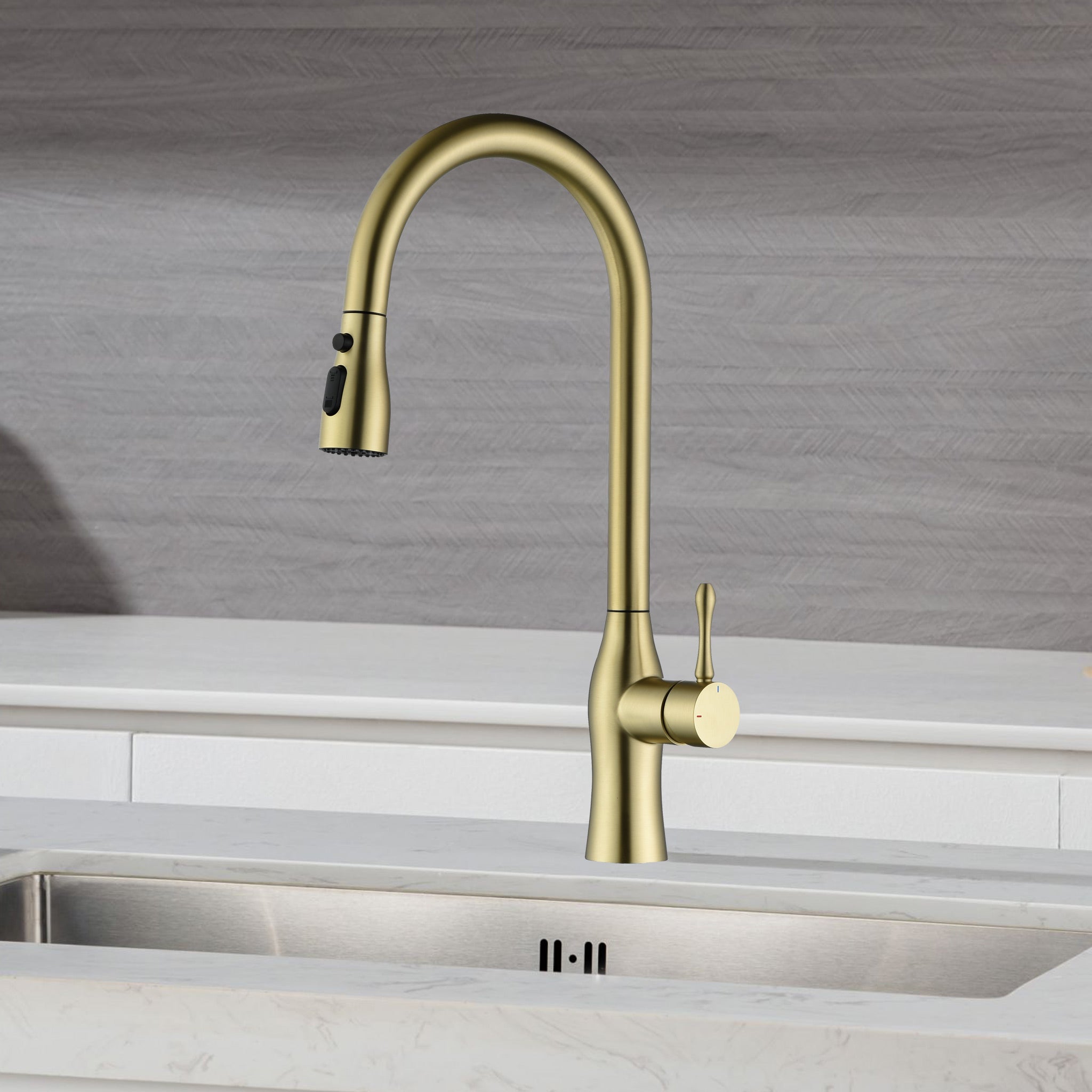 Metpure Stainless Steel Kitchen Faucet with Pull-Down Single Handle Hose in Brushed Gold Finish, Vase Style Lead Free