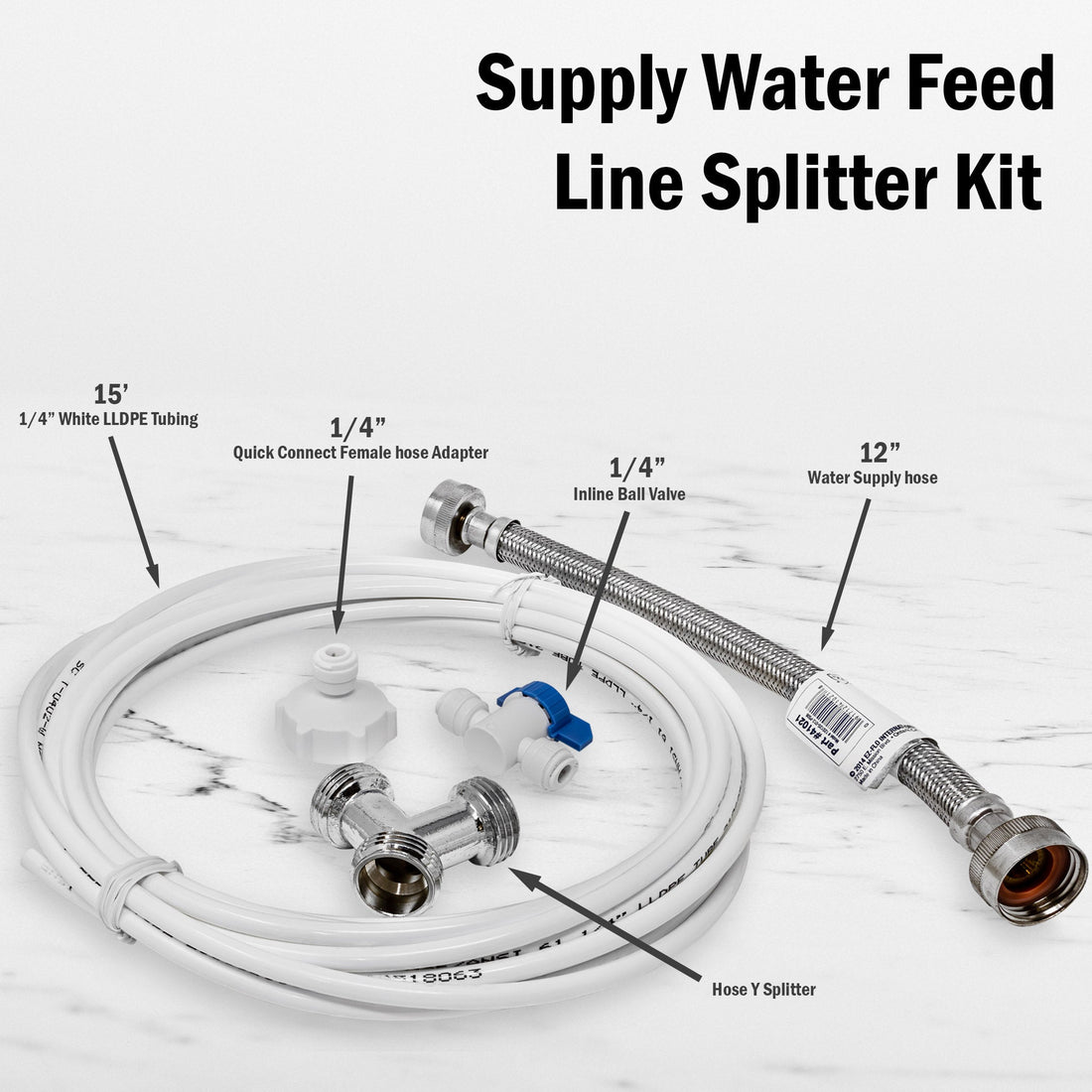 Metpure Supply Water Feed Line Splitter For Water Filtration RO Deionization Aquarium System From Laundry Washer Outlet. 25 Feet x 1/4" OD Tubing with Shut Off Valve and Wye Connector + Supply Hose