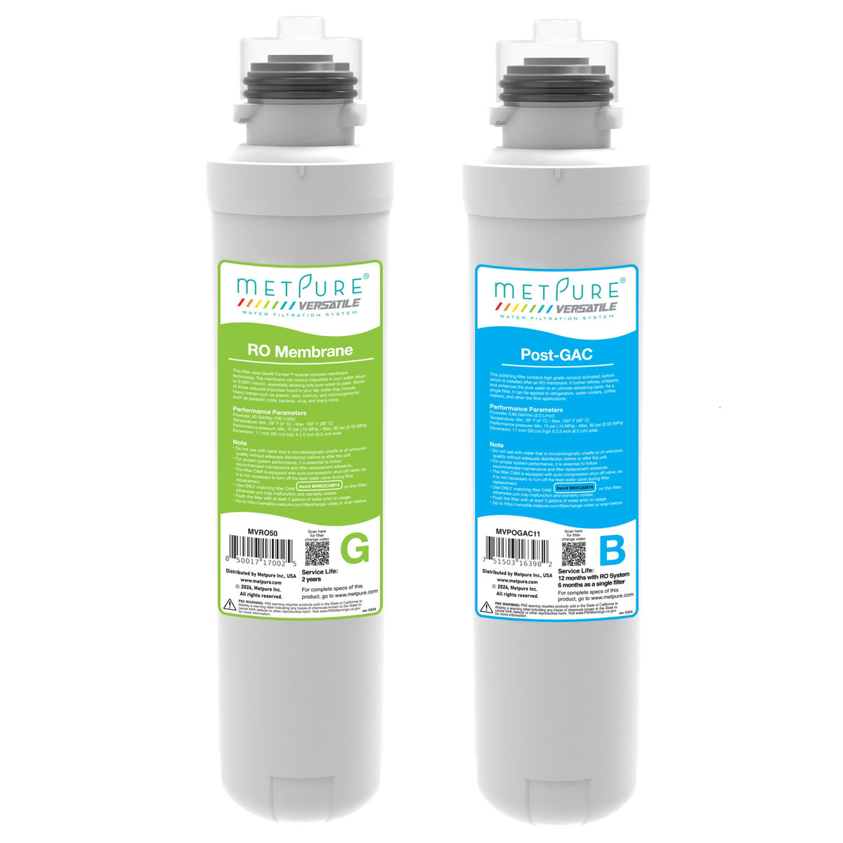 Metpure Versatile green 50 GPD RO membrane and blue post GAC quick twist replacement filters