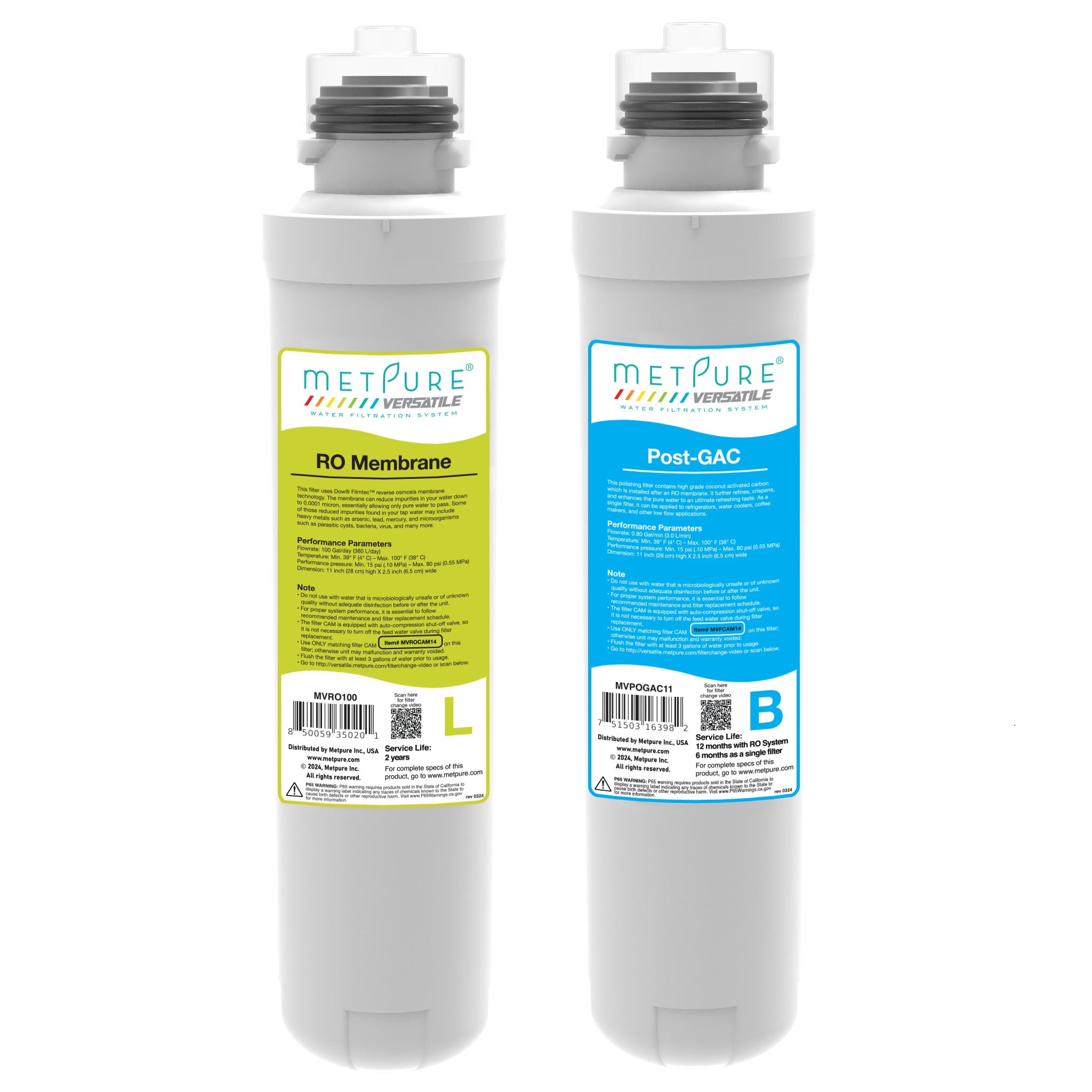 Metpure Versatile Lime 100 GPD RO Membrane + Blue GAC Quick Twist Filter Set. Replacement Water Filter Cartridge Set