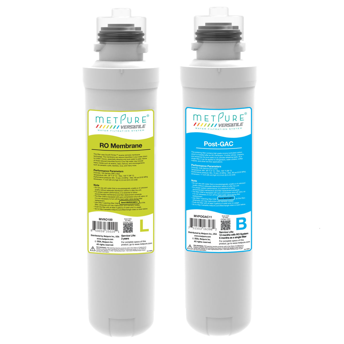 Metpure Versatile lime 100 GPD RO membrane and blue post GAC quick twist replacement filters