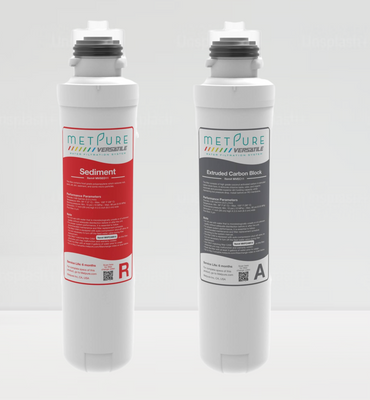 Metpure Versatile filter set: 1 x (R) Sediment filter (MVSED11) and 1 x (A) extruded carbon block (SKU: MVEC11), Drinking Water Filtration System Replacement filters