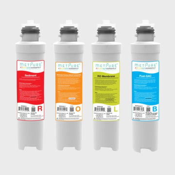 Metpure Versatile Filter Set ROLB: 1 x (R) Sediment MVSED11, 1 x (O) Extruded Carbon Block Composite MVECBC11, 1 x (L) RO Membrane 100 GPD MVRO100, 1 x (B) Post - GAC MVPOCAC11 Quick Twist Replacement Filters