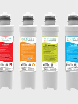 Metpure Versatile Filter Set ROLB: 1 x (R) Sediment MVSED11, 1 x (O) Extruded Carbon Block Composite MVECBC11, 1 x (L) RO Membrane 100 GPD MVRO100, 1 x (B) Post - GAC MVPOCAC11 Quick Twist Replacement Filters