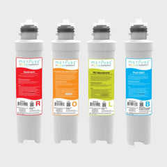 Metpure Versatile Filter Set ROLB: 1 x (R) Sediment MVSED11, 1 x (O) Extruded Carbon Block Composite MVECBC11, 1 x (L) RO Membrane 100 GPD MVRO100, 1 x (B) Post - GAC MVPOCAC11 Quick Twist Replacement Filters