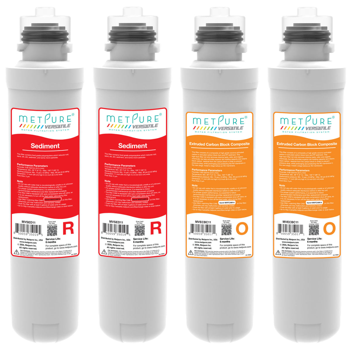 Metpure Versatile RROO filter set with two red sediment and two orange carbon block quick twist filters