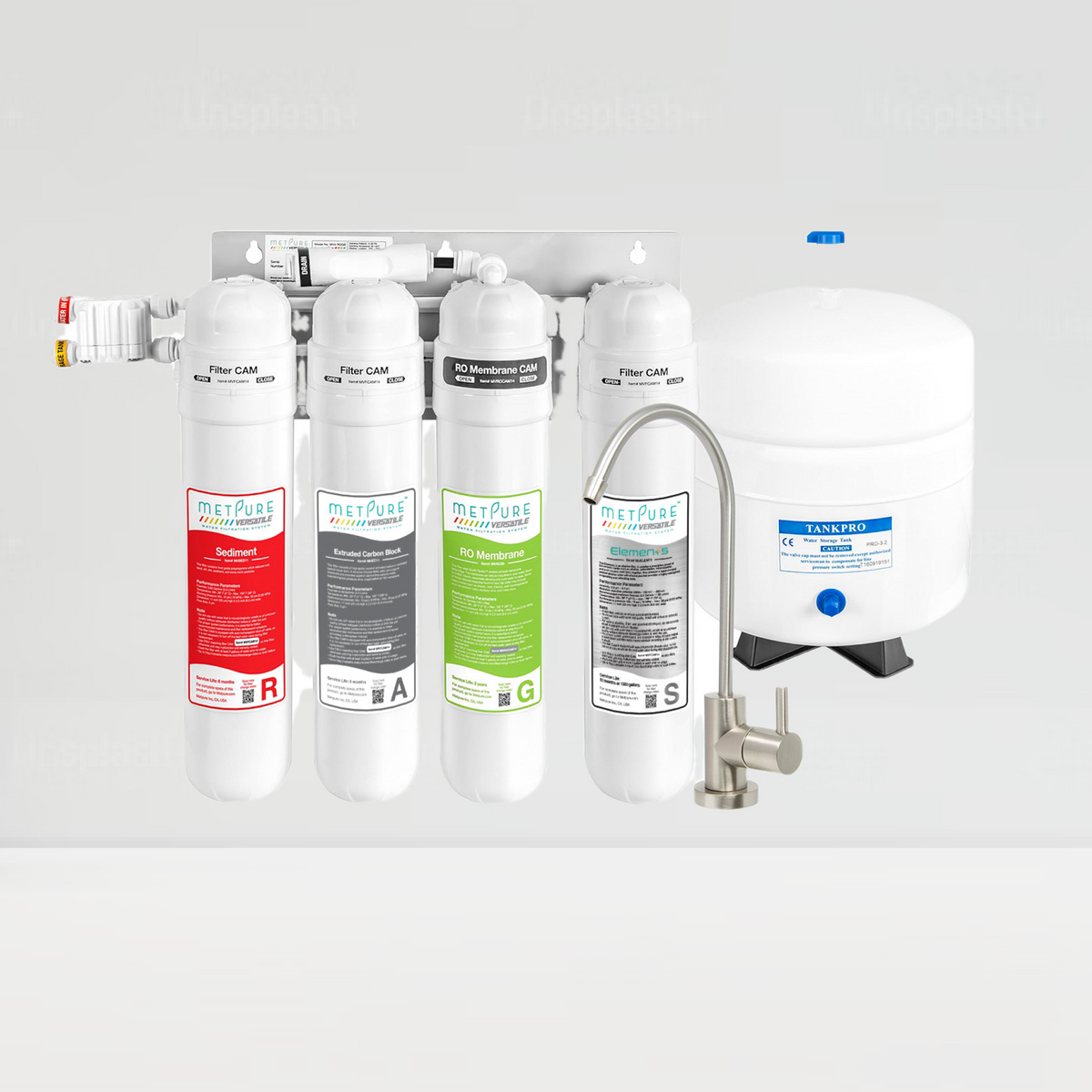 Metpure Versatile MV4-RAGS 4 stage reverse osmosis water filtration system with faucet and tank