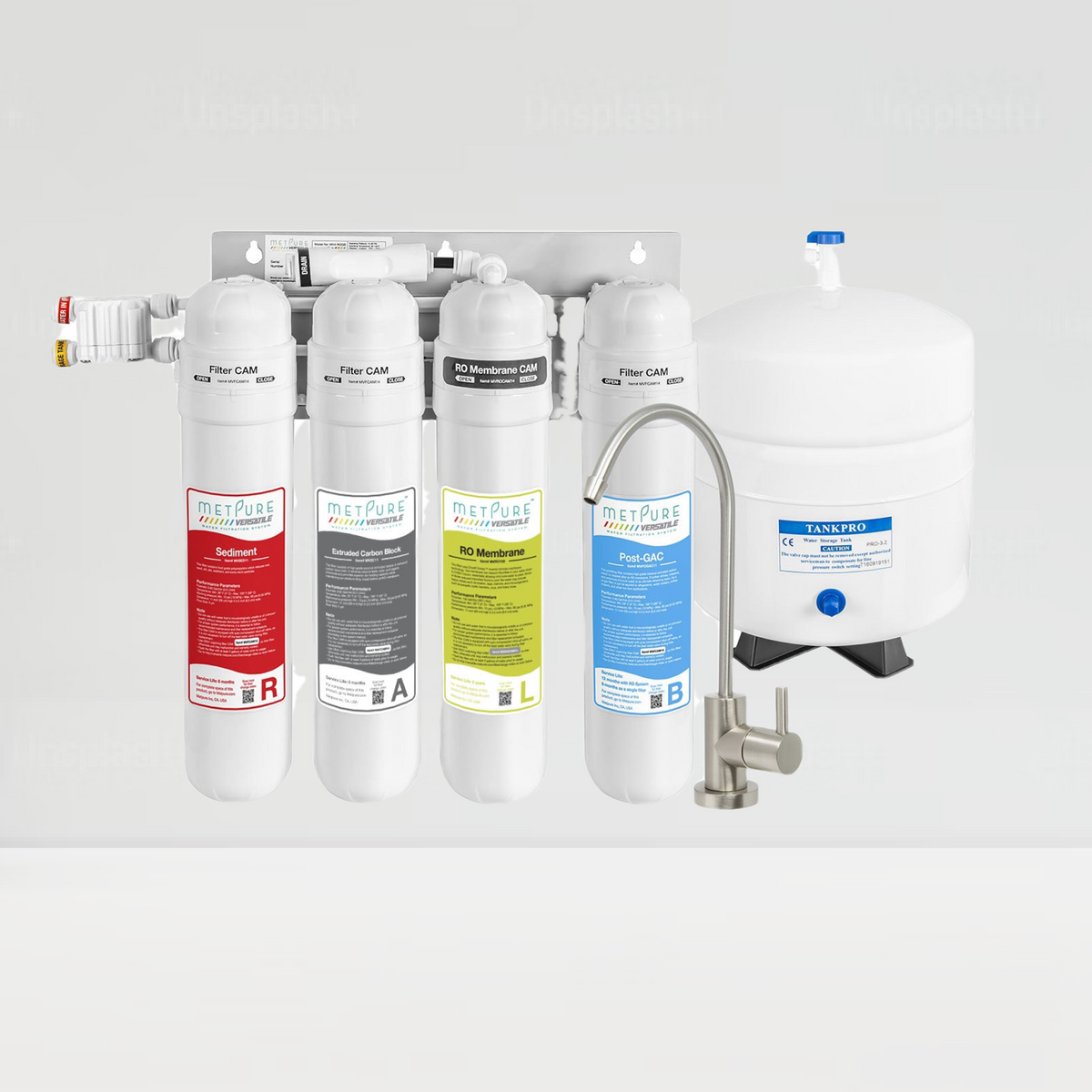Metpure Versatile MV4-RALB 4 stage reverse osmosis water filtration system with faucet and tank