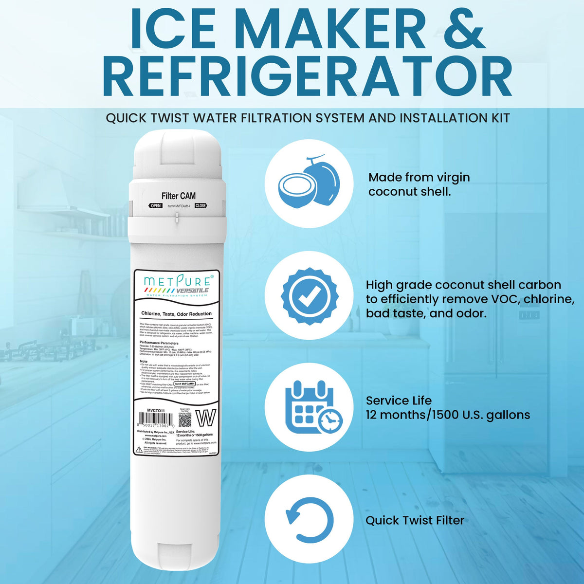Metpure Versatile quick twist fridge and ice maker water filter kit with filter head and tubing
