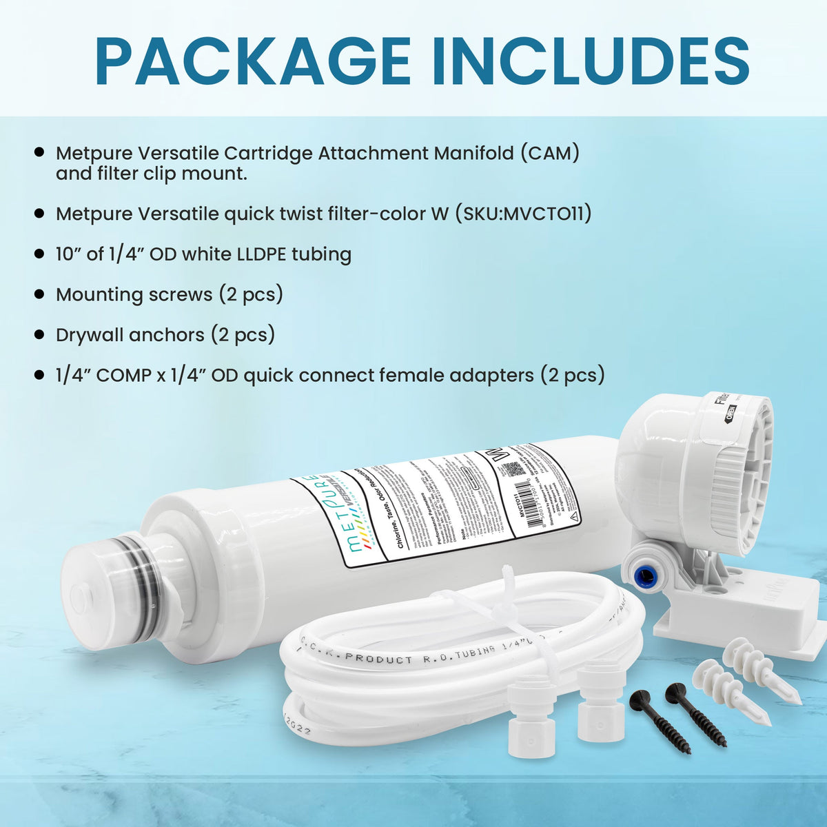 Metpure Versatile quick twist fridge and ice maker water filter kit with filter head and tubing