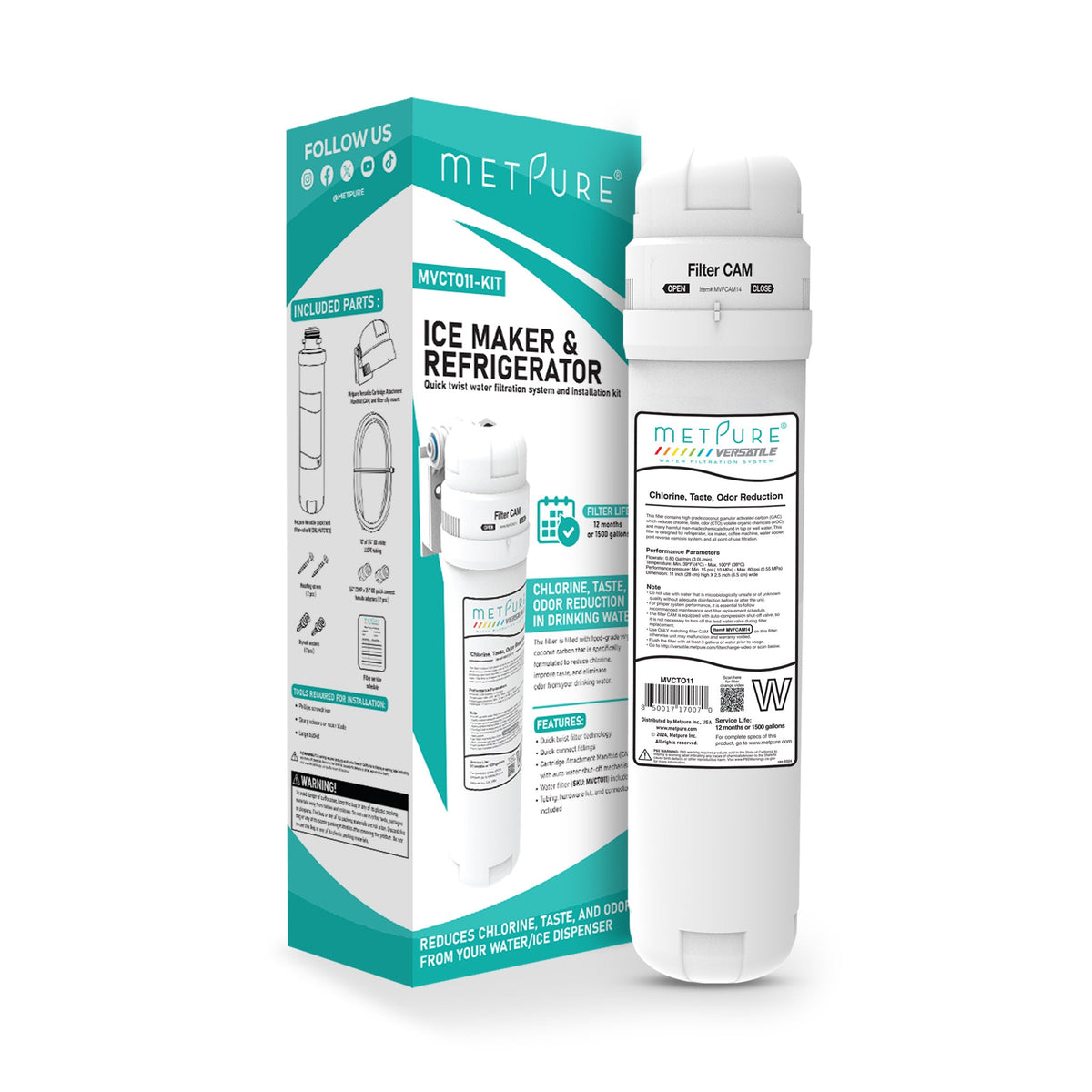 Metpure Versatile quick twist fridge and ice maker water filter kit with filter head and tubing