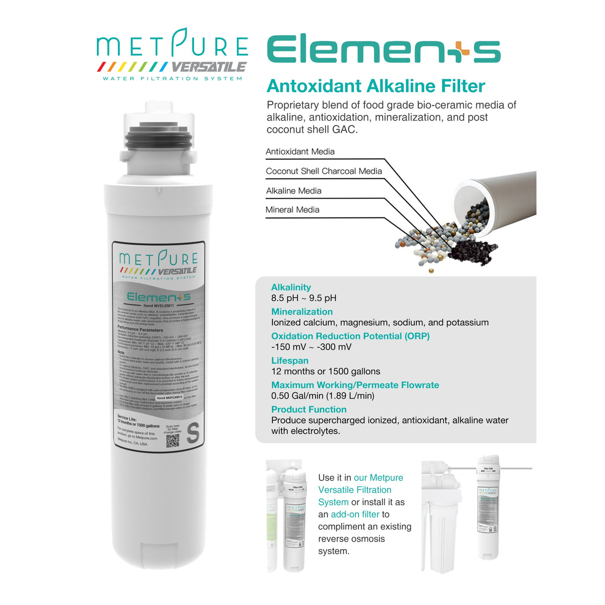Metpure Versatile Elements S alkaline antioxidant mineral quick twist filter, 11 x 2.5 inch - view 3